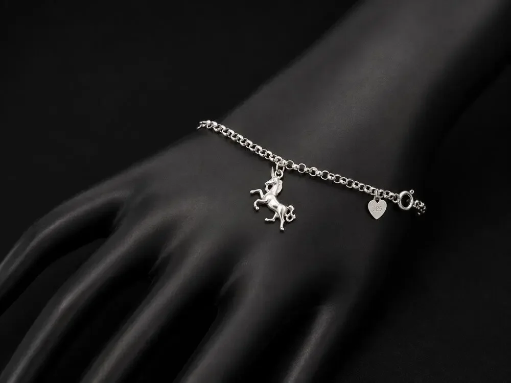 925 Sterling Silver Unicorn Charm Bracelet 7.5” Rolo Chain Heart Tag